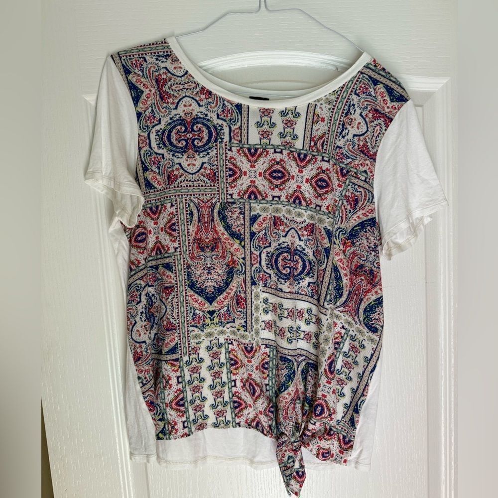 Lee Patterned Women's Top - White, Red, Blue boho side tie